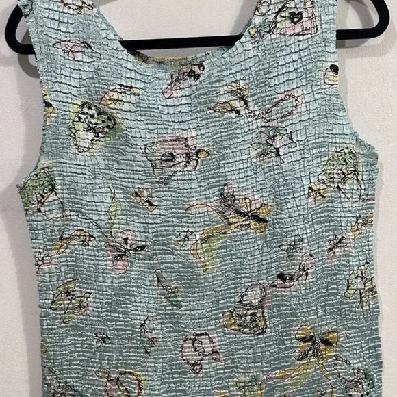 CASUAL CORNER ANNEX Women Stretch Crinkle Blue Floral Tank Top‎ Sleeveless SZ XL - Picture 2 of 5